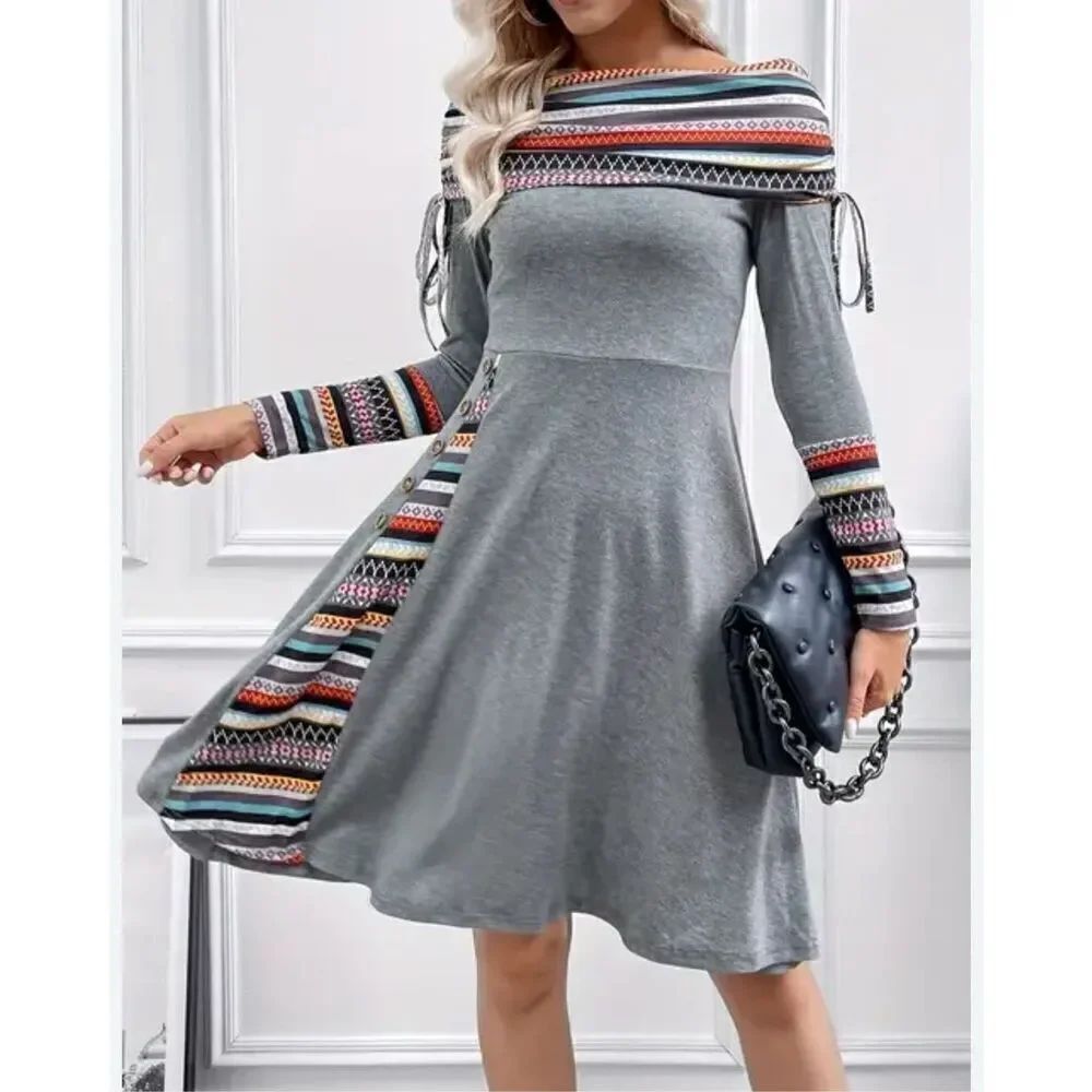 Women’s Ethnic Print Gray Boatneck Midi Dress Drawstring Neckline Boho Medium